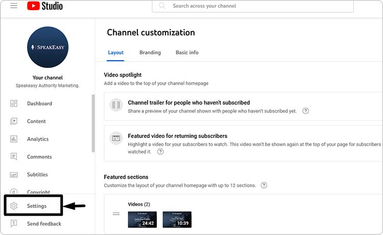 ‘Creator Studio’ / Settings button
