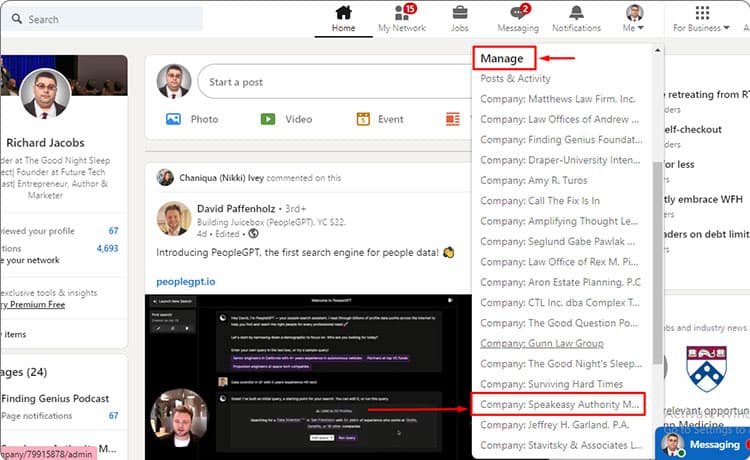 Under 'Manage', Go to your company page