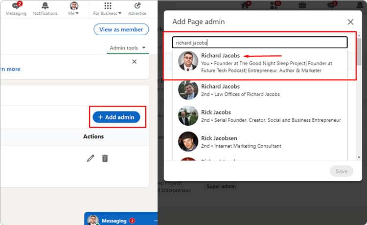 Add admin', Type and select 'Richard Jacobs'